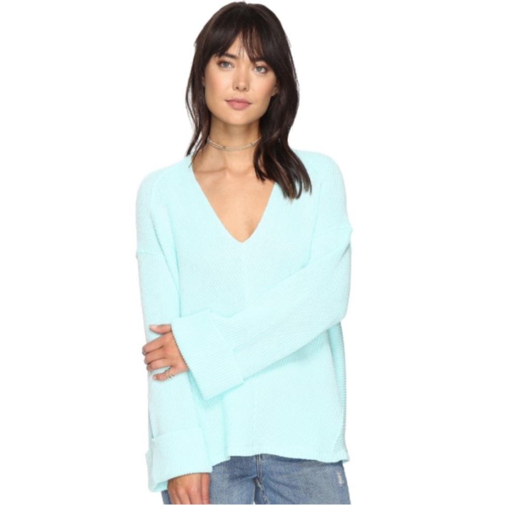 Free People La Brea Light Blue Ribbed Sweater Bell Cuffed Sleeves Cotton Small